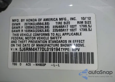 2013 Honda Cr-V Ex-L из США, поврежденный, VIN 5J6RM4H77DL019194